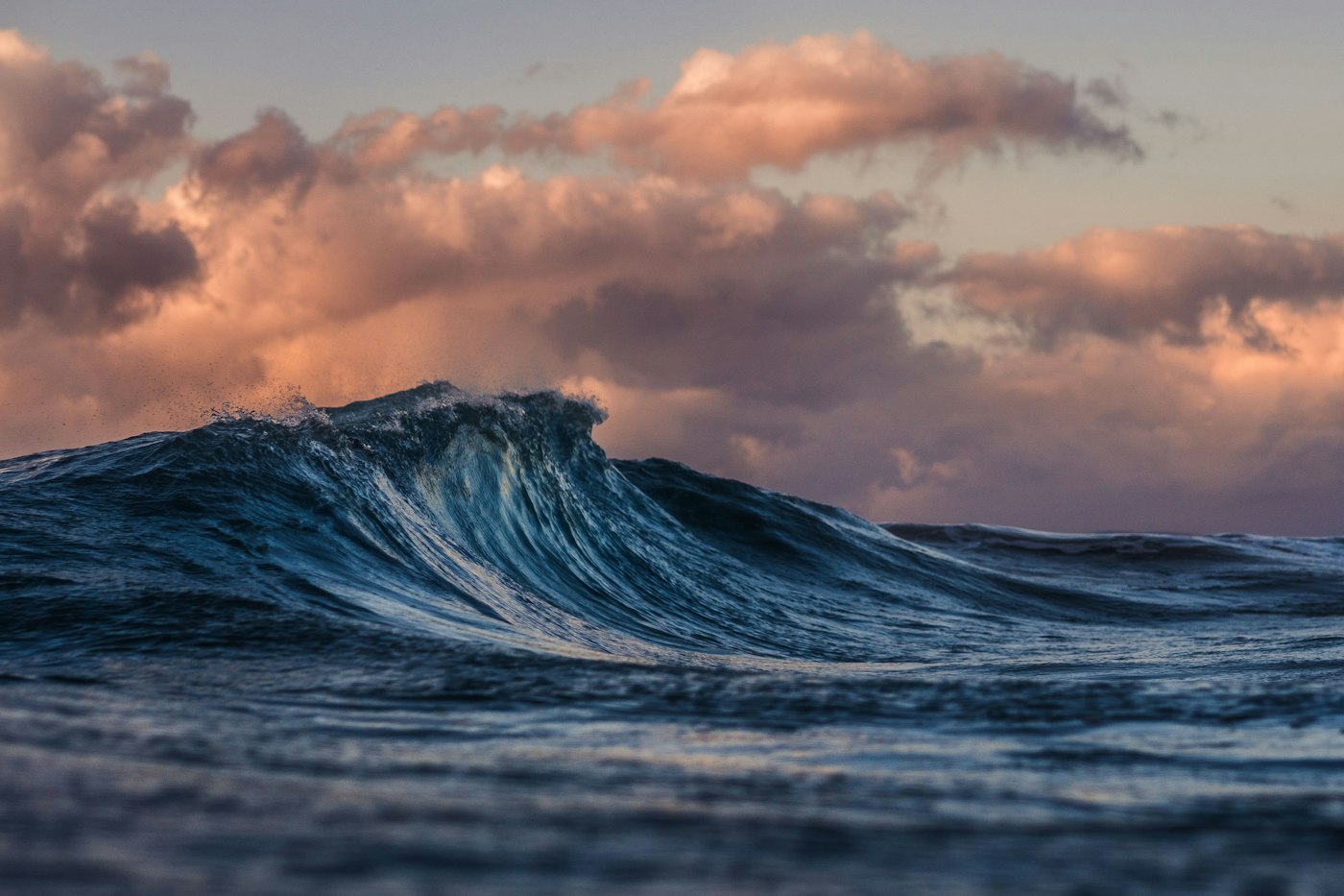 A cresting wave under a warm evening sky